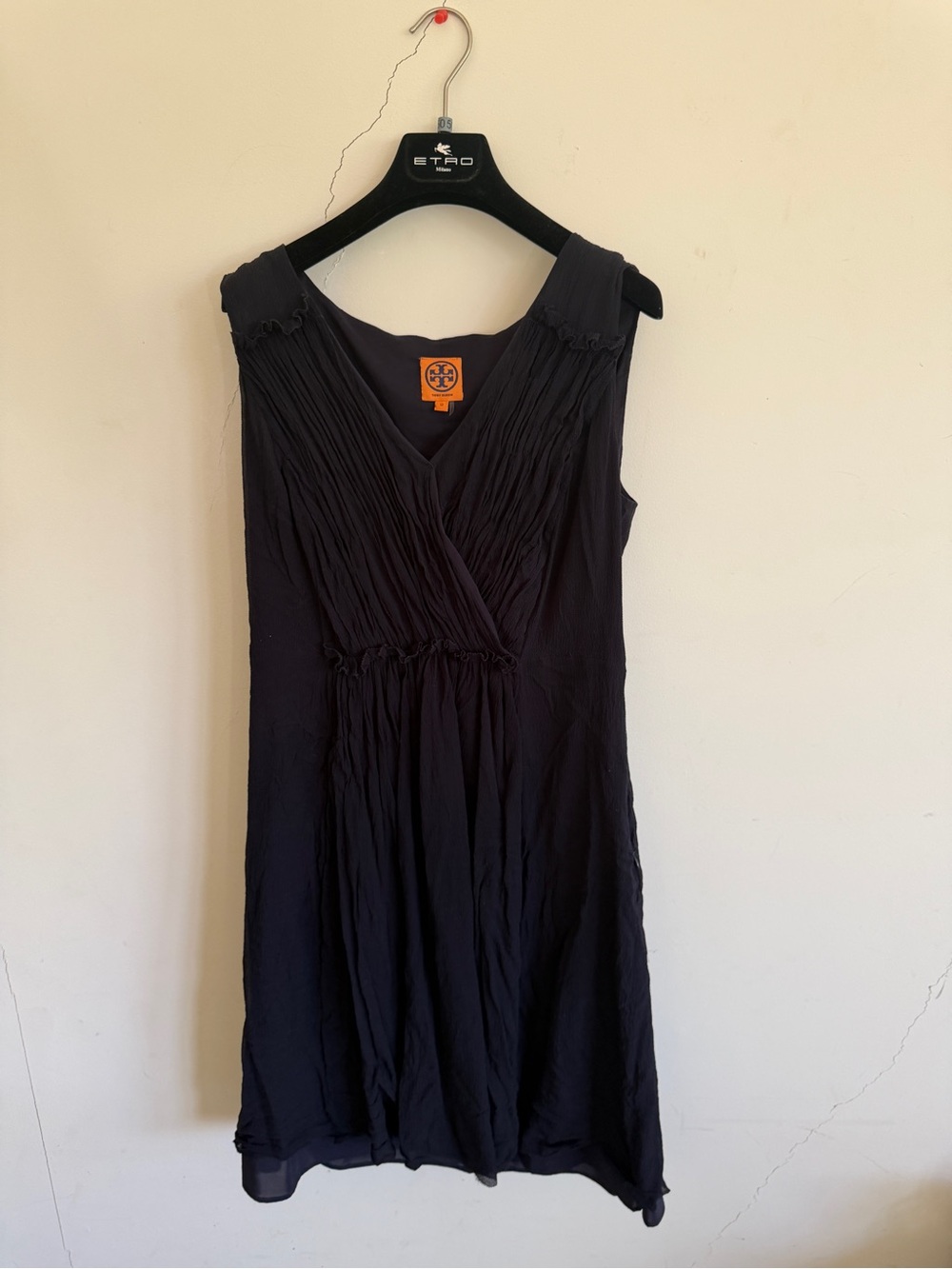 Tory Burch Navy Sleeveless V-Neck Pleated Midi Dress